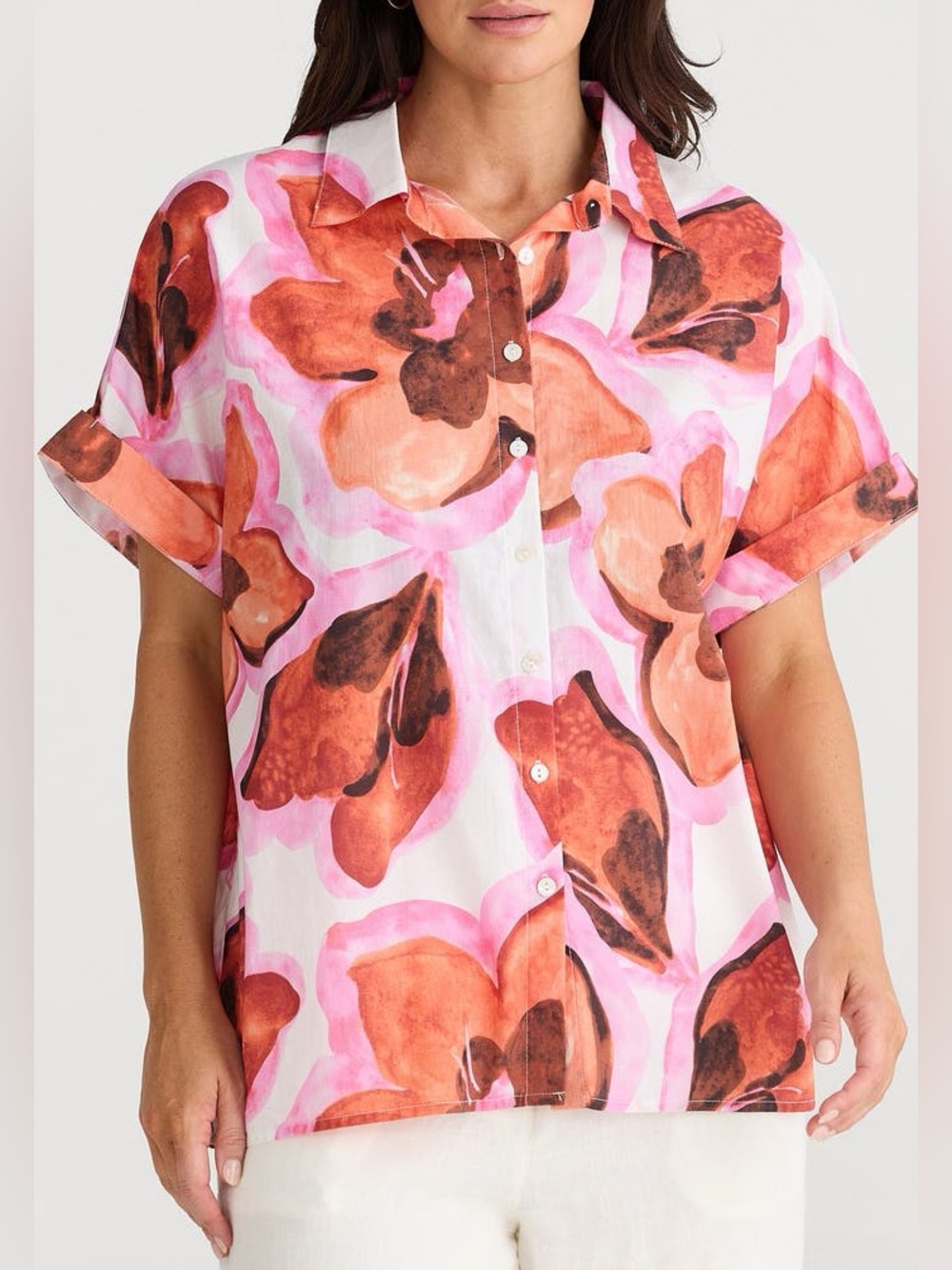Brave+True Alice Floral Button-Front Short Sleeve Top - Pink & Orange M/L